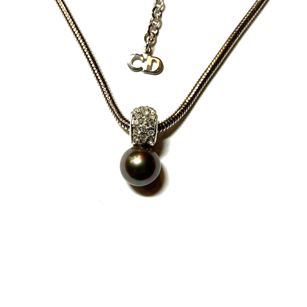 Dior Silver Faux Black Pearl & Swarovski Crystal Pendant Necklace